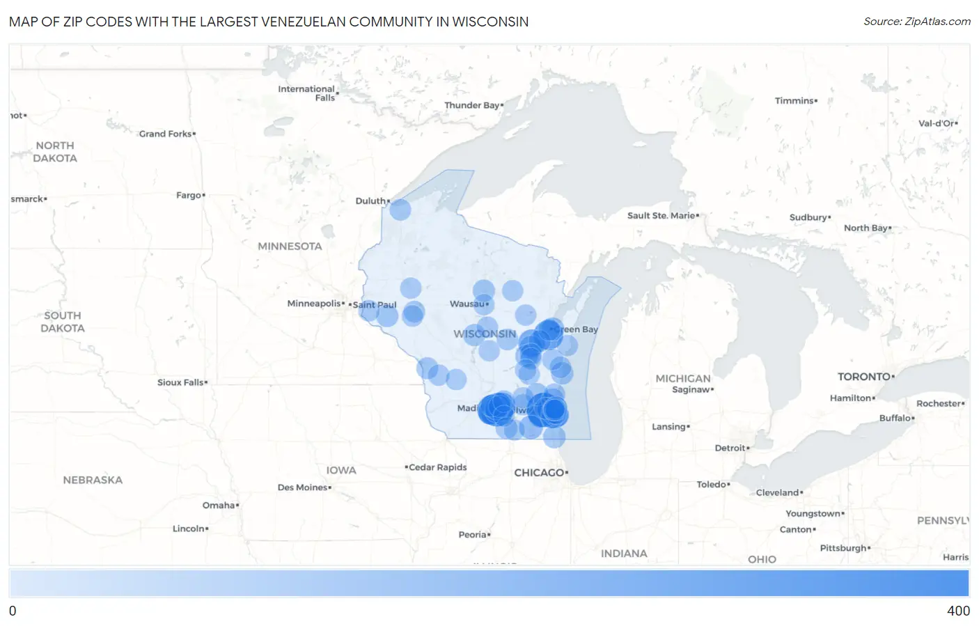 Zip Codes with the Largest Venezuelan Community in Wisconsin Map