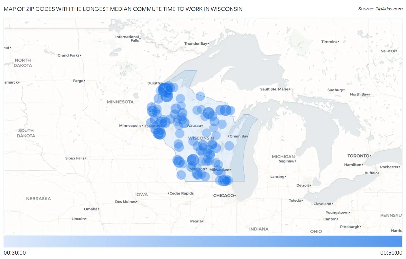 Zip Codes with the Longest Median Commute Time to Work in Wisconsin Map