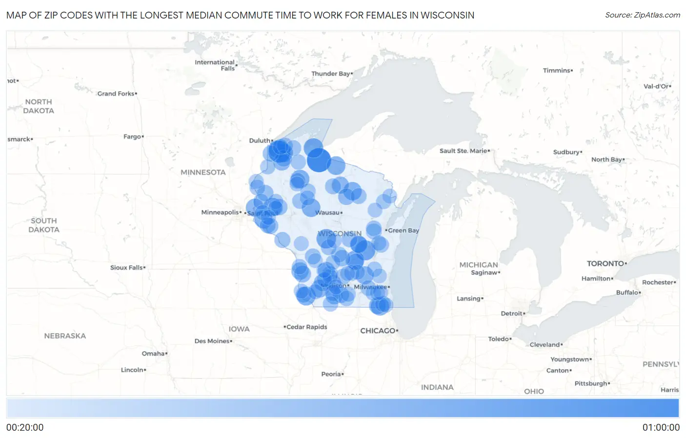 Zip Codes with the Longest Median Commute Time to Work for Females in Wisconsin Map