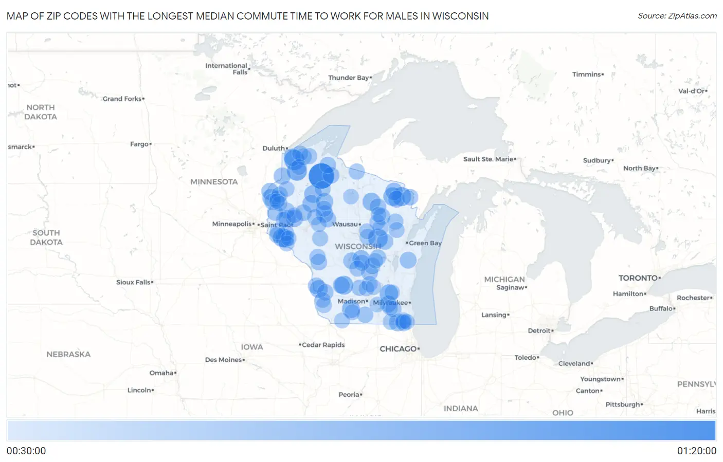 Zip Codes with the Longest Median Commute Time to Work for Males in Wisconsin Map