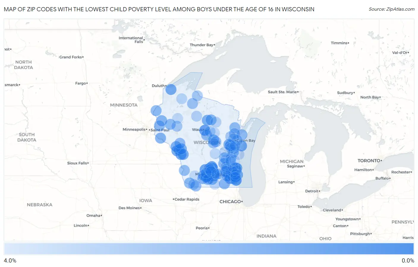Zip Codes with the Lowest Child Poverty Level Among Boys Under the Age of 16 in Wisconsin Map