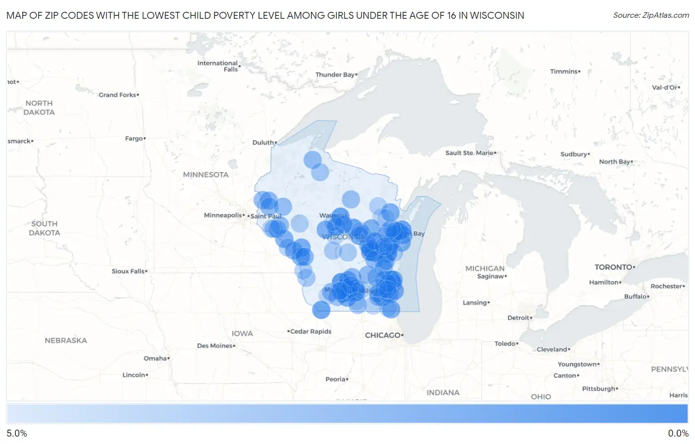Zip Codes with the Lowest Child Poverty Level Among Girls Under the Age of 16 in Wisconsin Map