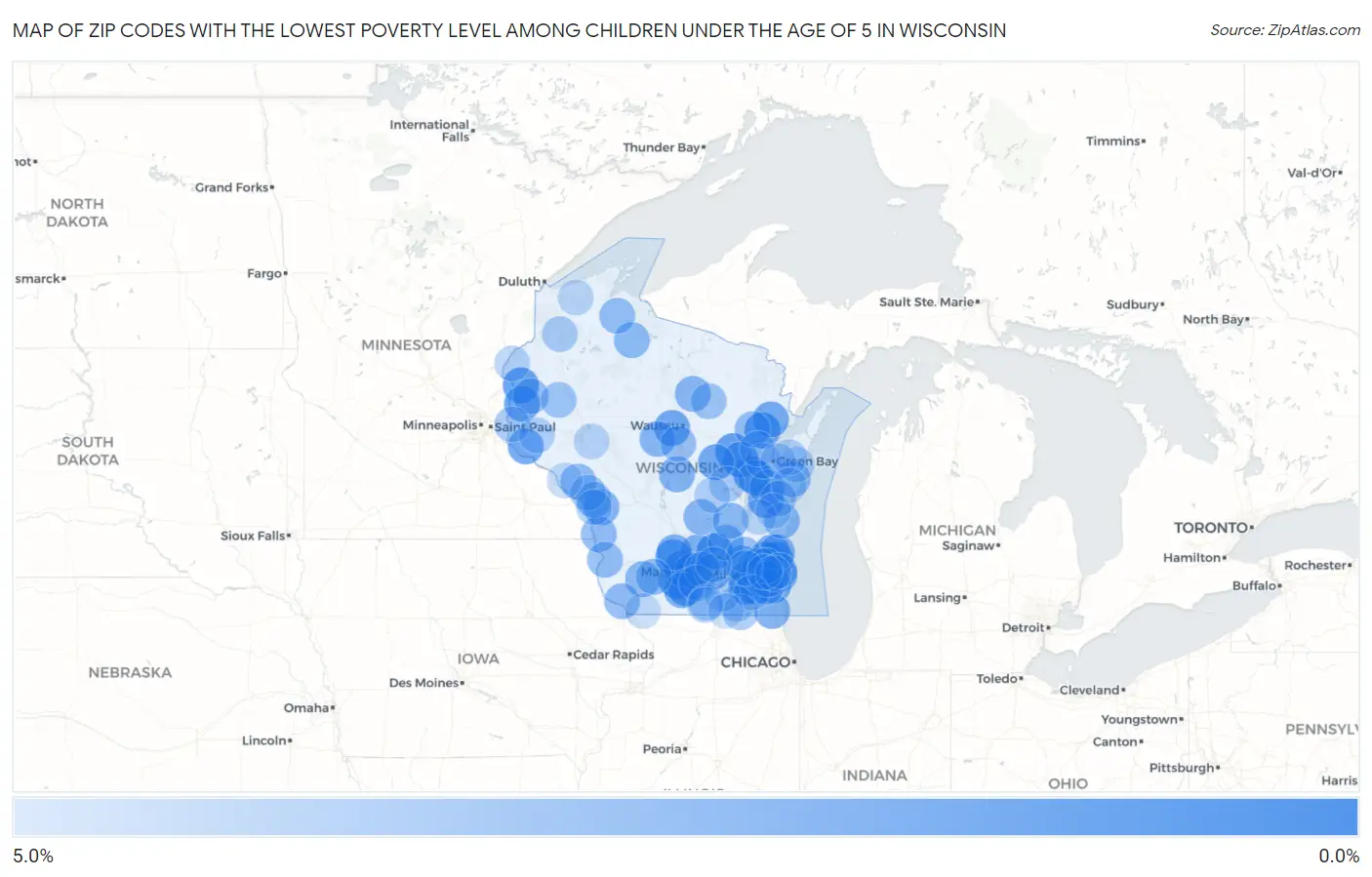 Zip Codes with the Lowest Poverty Level Among Children Under the Age of 5 in Wisconsin Map