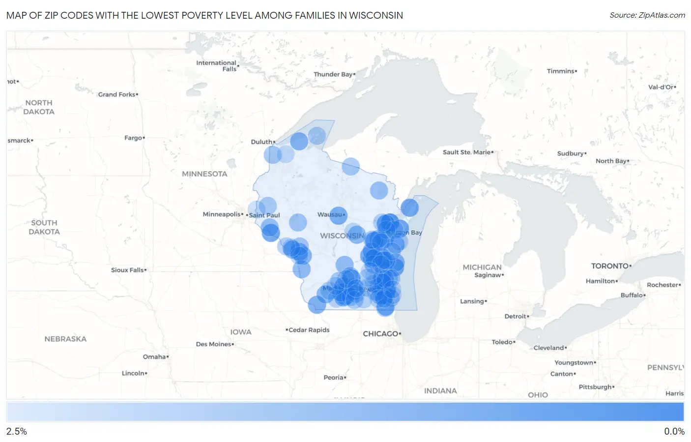 Zip Codes with the Lowest Poverty Level Among Families in Wisconsin Map