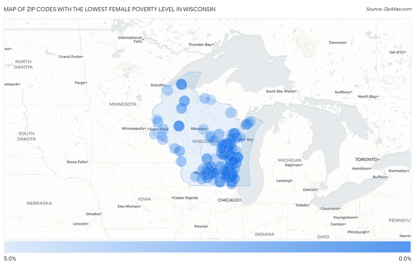 Zip Codes with the Lowest Female Poverty Level in Wisconsin Map