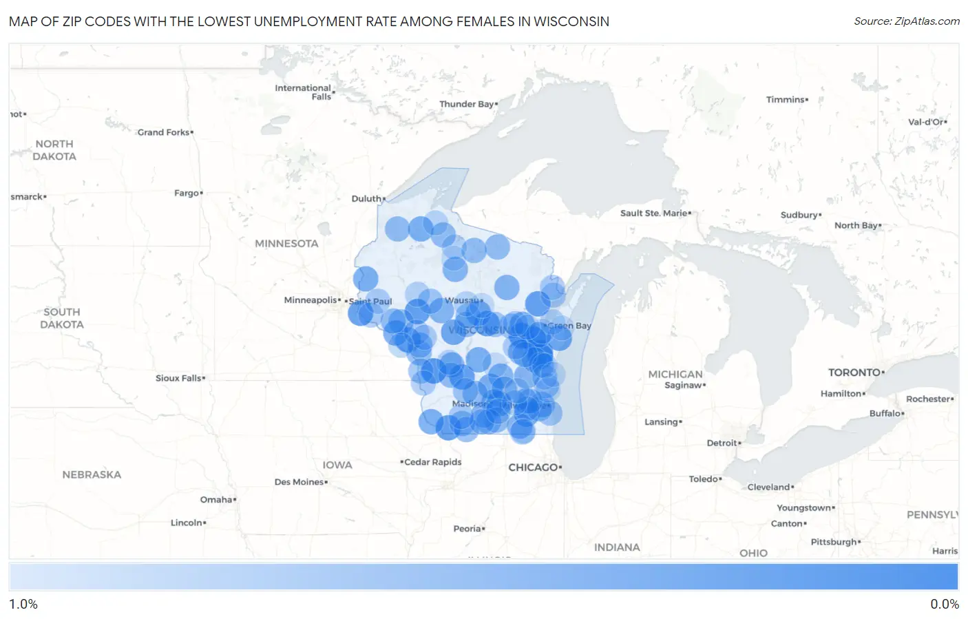 Zip Codes with the Lowest Unemployment Rate Among Females in Wisconsin Map