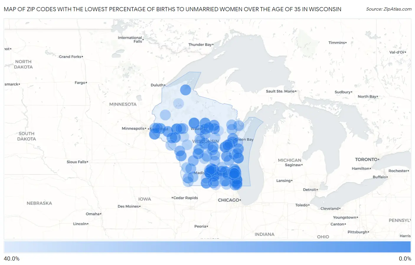 Zip Codes with the Lowest Percentage of Births to Unmarried Women over the Age of 35 in Wisconsin Map