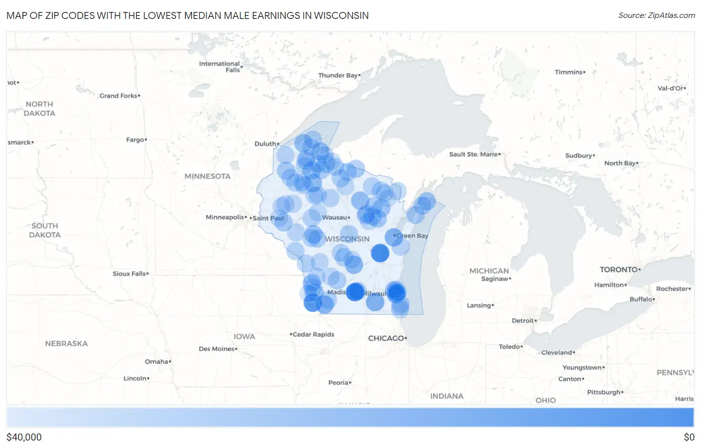 Zip Codes with the Lowest Median Male Earnings in Wisconsin Map