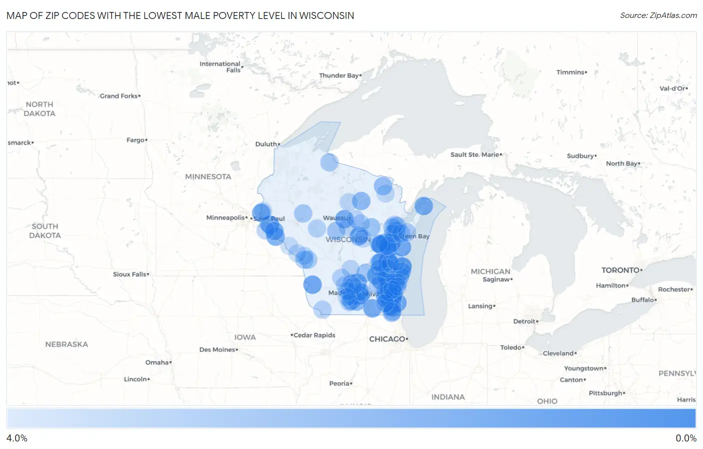 Zip Codes with the Lowest Male Poverty Level in Wisconsin Map
