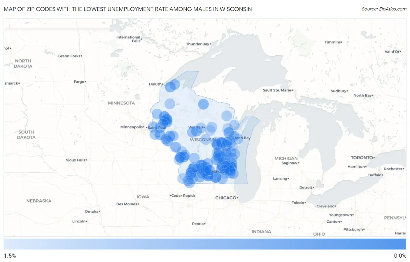 Zip Codes with the Lowest Unemployment Rate Among Males in Wisconsin Map