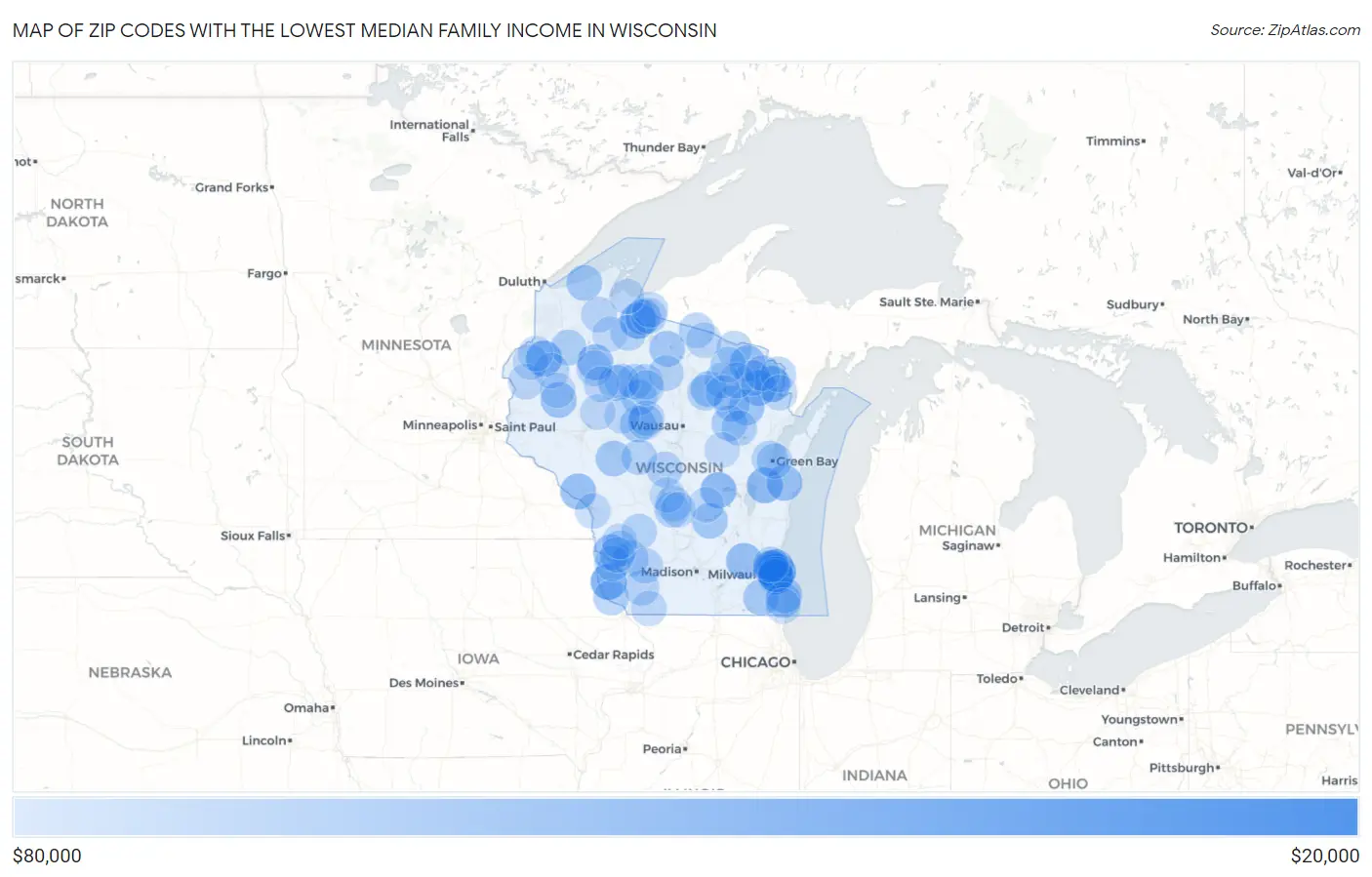 Zip Codes with the Lowest Median Family Income in Wisconsin Map