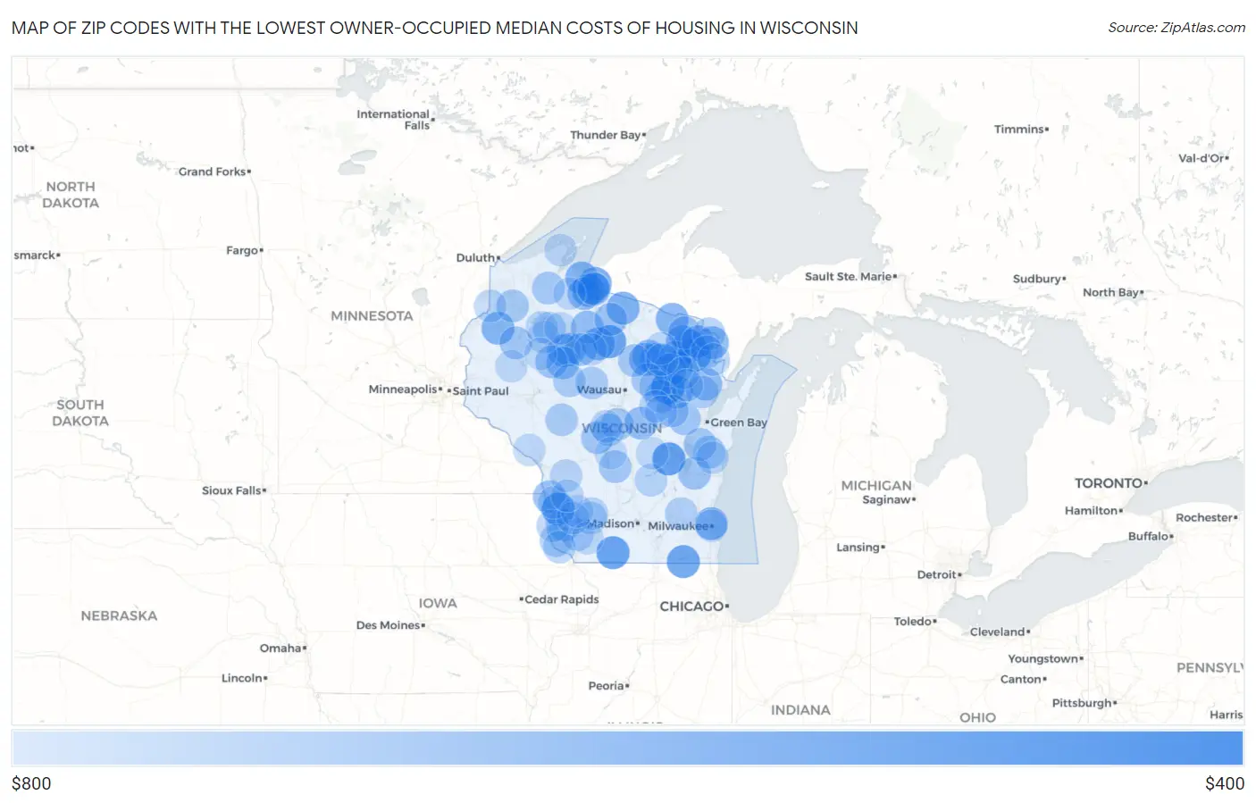 Zip Codes with the Lowest Owner-Occupied Median Costs of Housing in Wisconsin Map