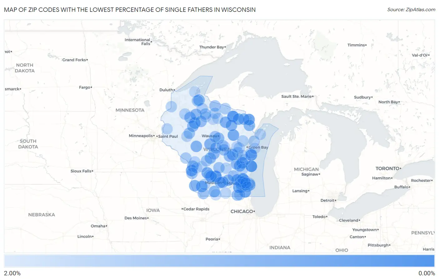 Zip Codes with the Lowest Percentage of Single Fathers in Wisconsin Map