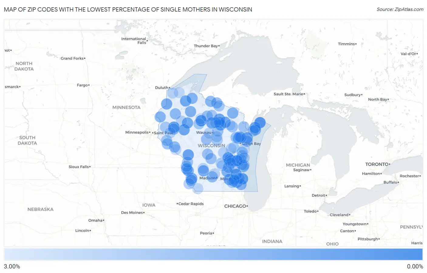 Zip Codes with the Lowest Percentage of Single Mothers in Wisconsin Map