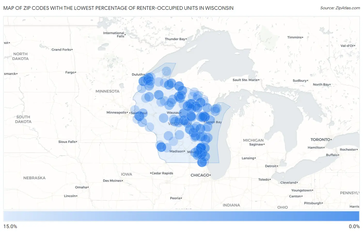 Zip Codes with the Lowest Percentage of Renter-Occupied Units in Wisconsin Map