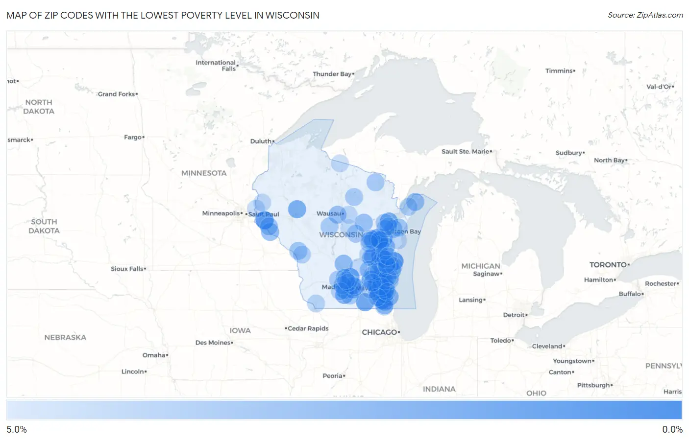 Zip Codes with the Lowest Poverty Level in Wisconsin Map