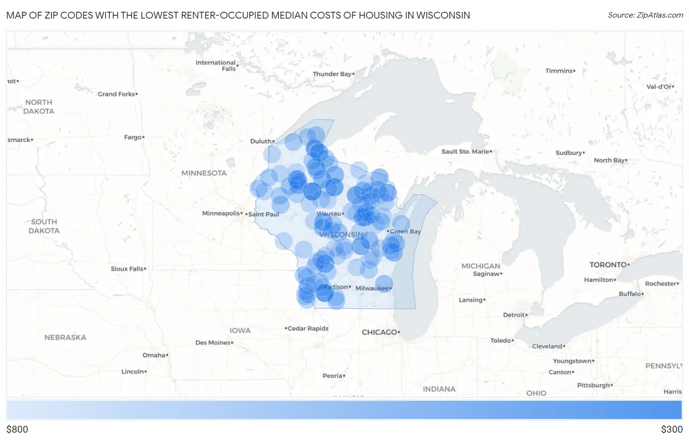 Zip Codes with the Lowest Renter-Occupied Median Costs of Housing in Wisconsin Map