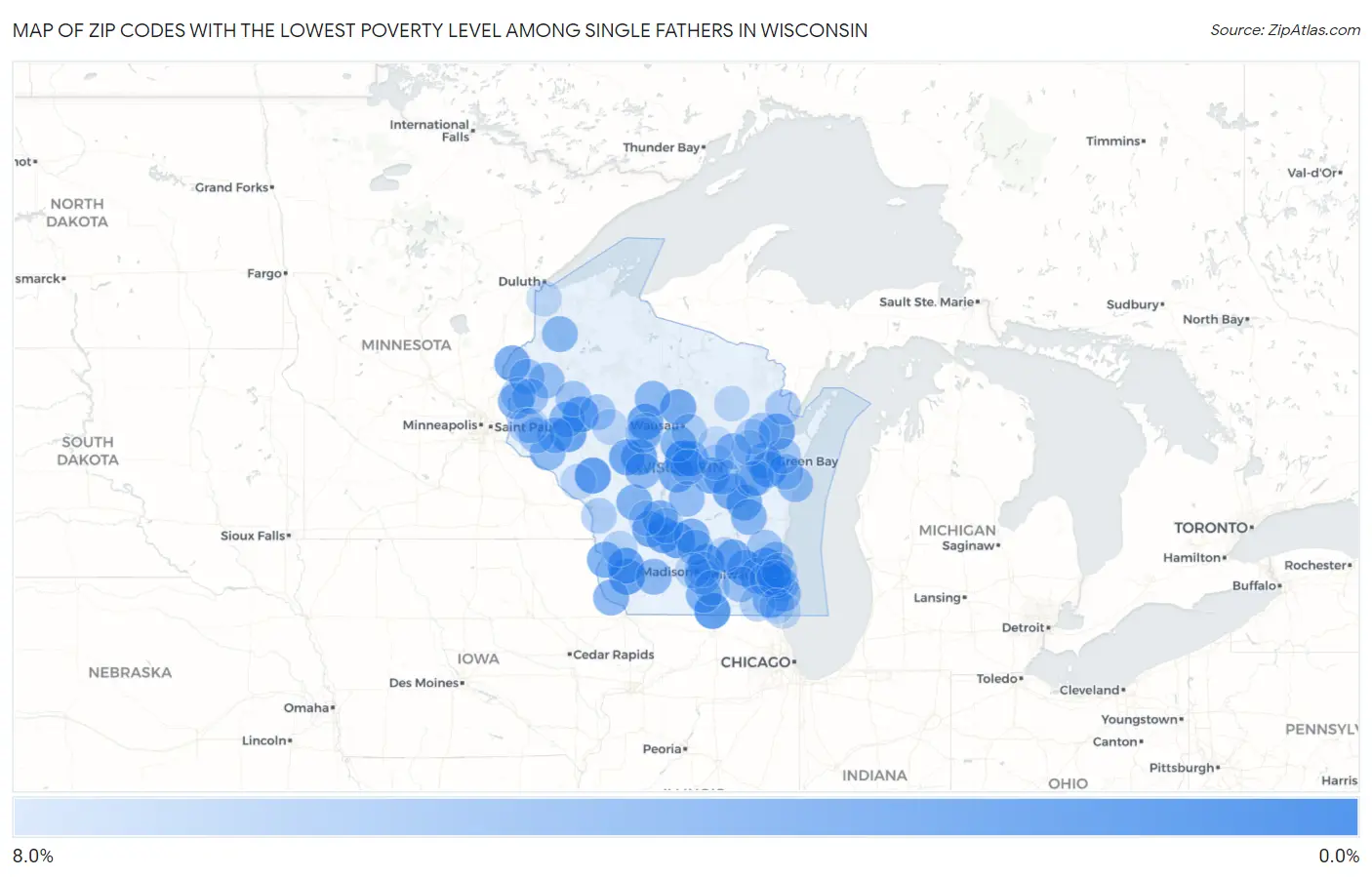 Zip Codes with the Lowest Poverty Level Among Single Fathers in Wisconsin Map