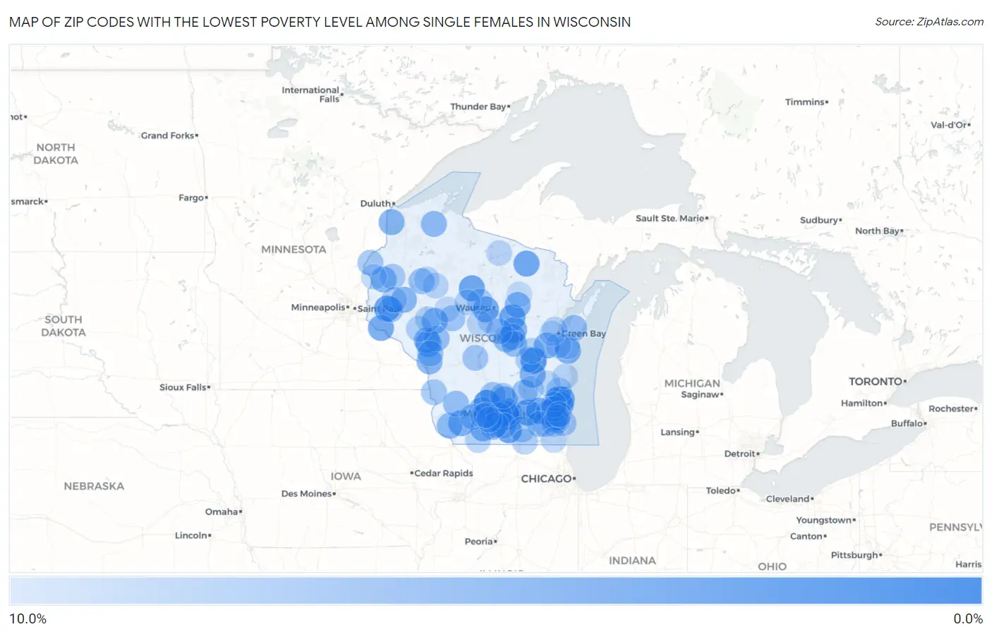 Zip Codes with the Lowest Poverty Level Among Single Females in Wisconsin Map