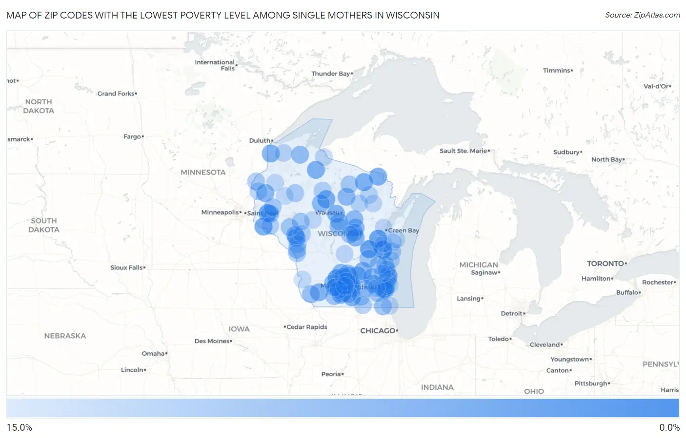 Zip Codes with the Lowest Poverty Level Among Single Mothers in Wisconsin Map
