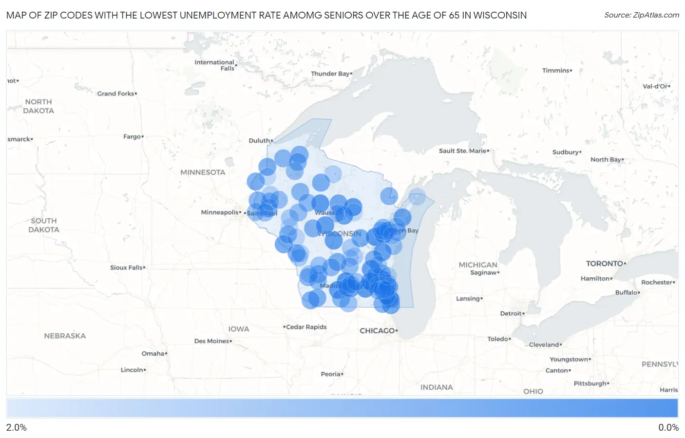 Zip Codes with the Lowest Unemployment Rate Amomg Seniors Over the Age of 65 in Wisconsin Map