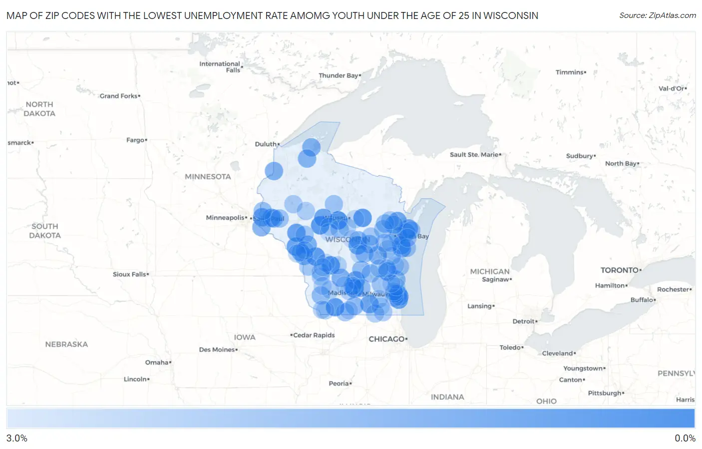 Zip Codes with the Lowest Unemployment Rate Amomg Youth Under the Age of 25 in Wisconsin Map