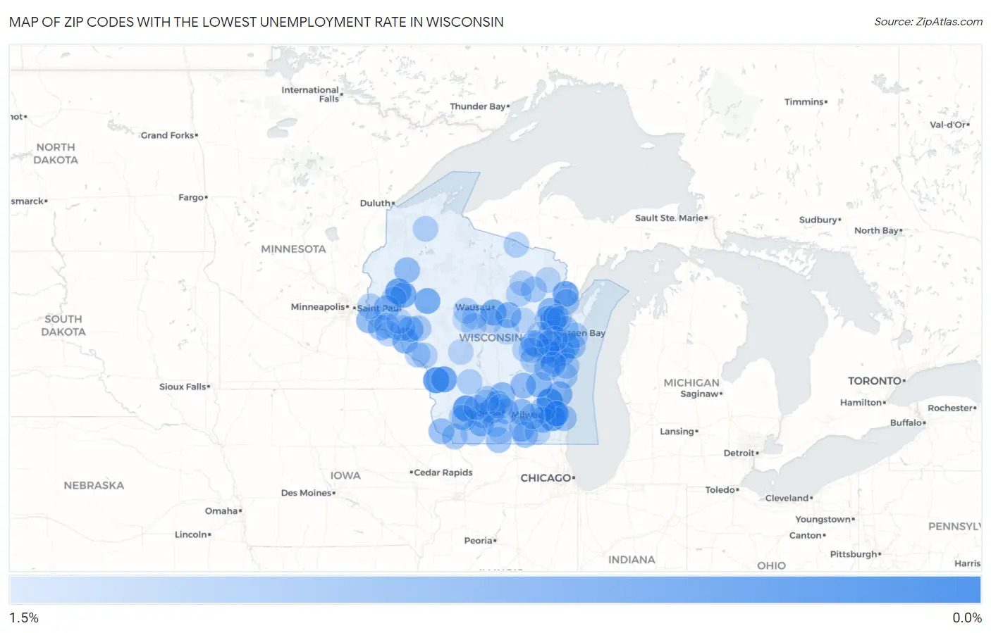 Zip Codes with the Lowest Unemployment Rate in Wisconsin Map