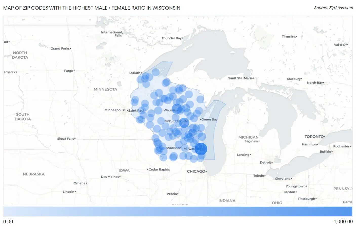 Zip Codes with the Highest Male / Female Ratio in Wisconsin Map