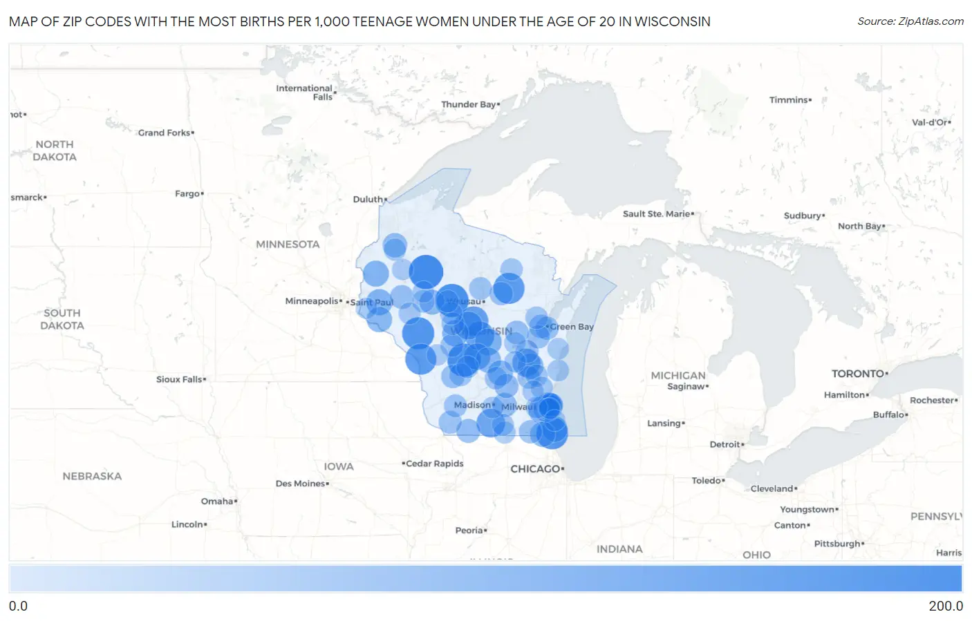Zip Codes with the Most Births per 1,000 Teenage Women Under the Age of 20 in Wisconsin Map