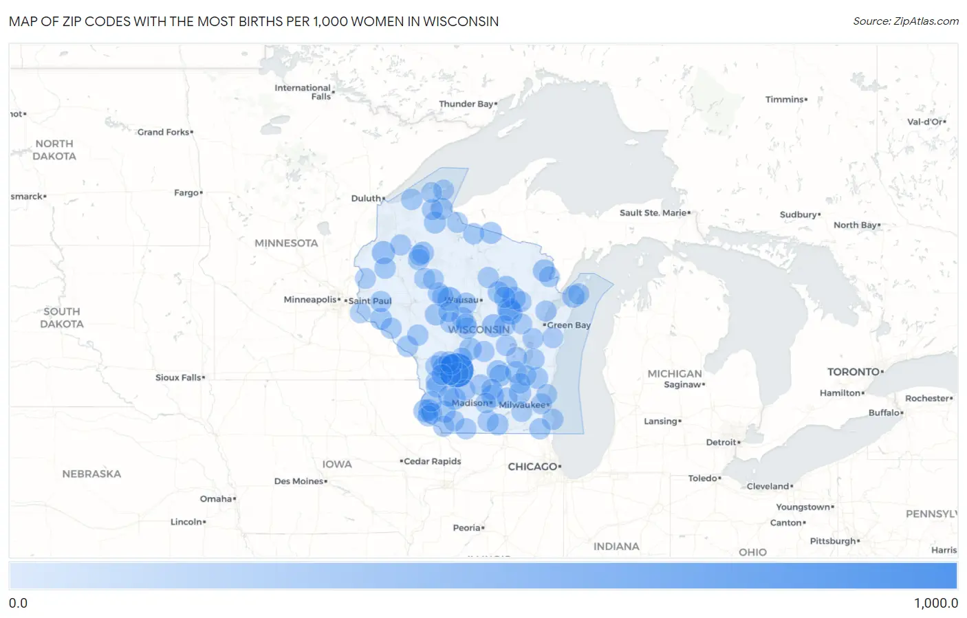 Zip Codes with the Most Births per 1,000 Women in Wisconsin Map