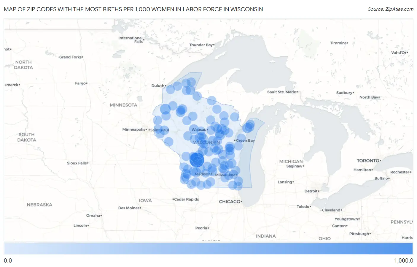 Zip Codes with the Most Births per 1,000 Women in Labor Force in Wisconsin Map
