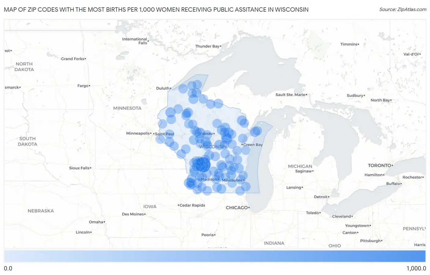 Zip Codes with the Most Births per 1,000 Women Receiving Public Assitance in Wisconsin Map