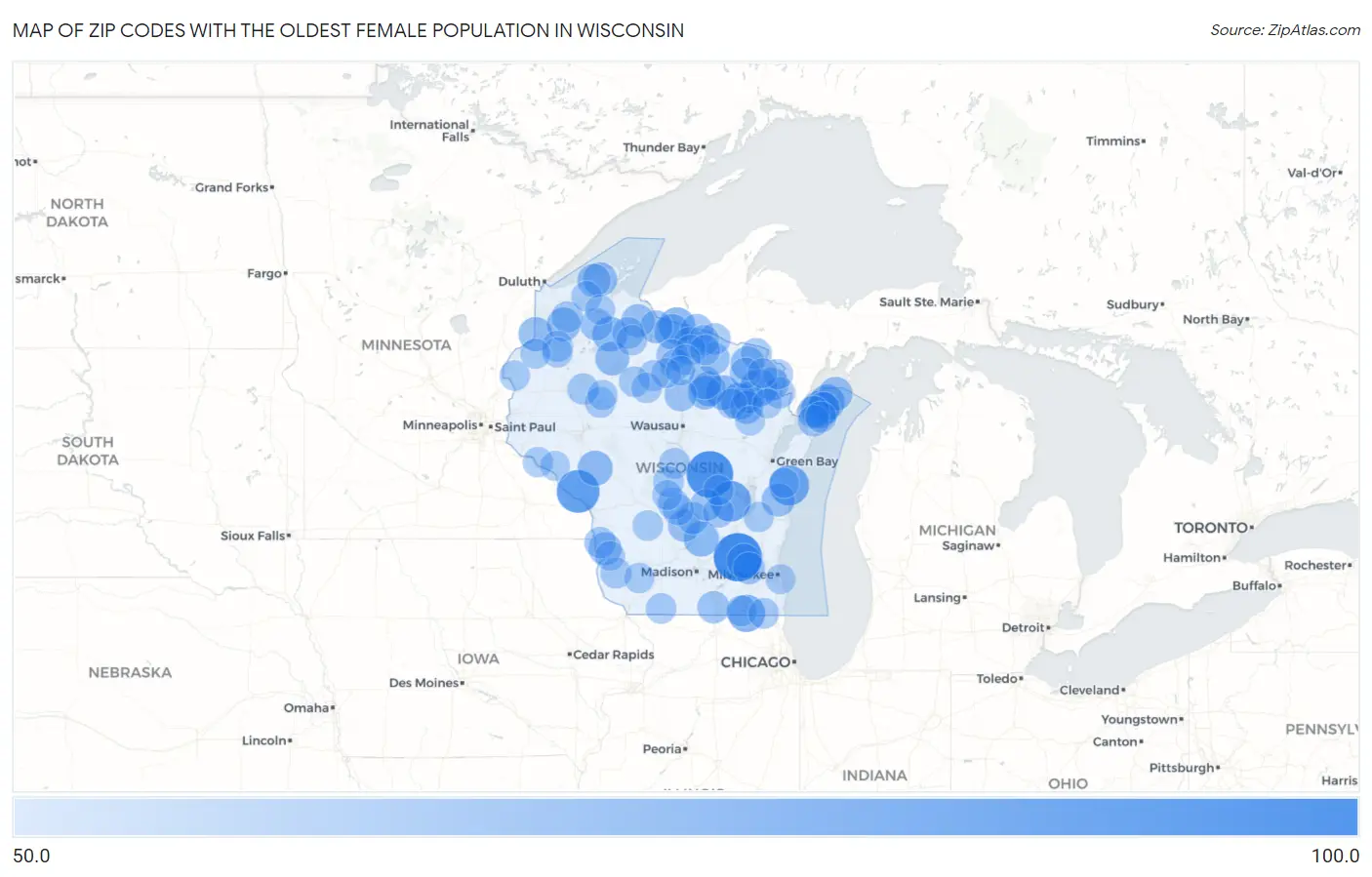 Zip Codes with the Oldest Female Population in Wisconsin Map