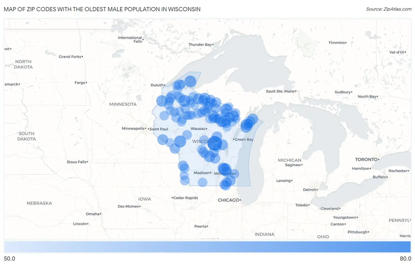 Zip Codes with the Oldest Male Population in Wisconsin Map