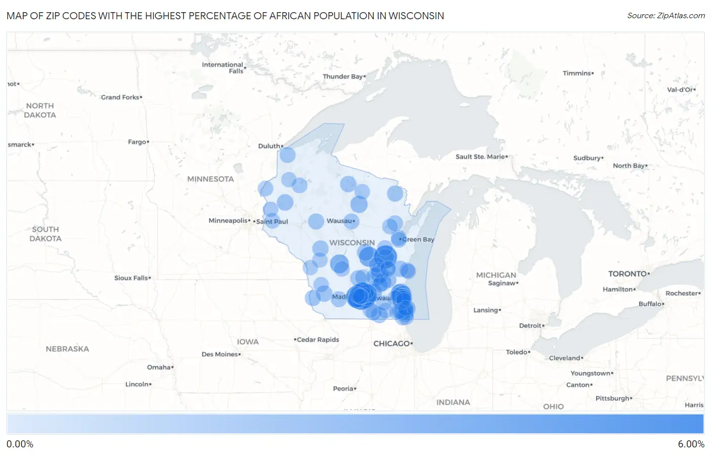 Zip Codes with the Highest Percentage of African Population in Wisconsin Map