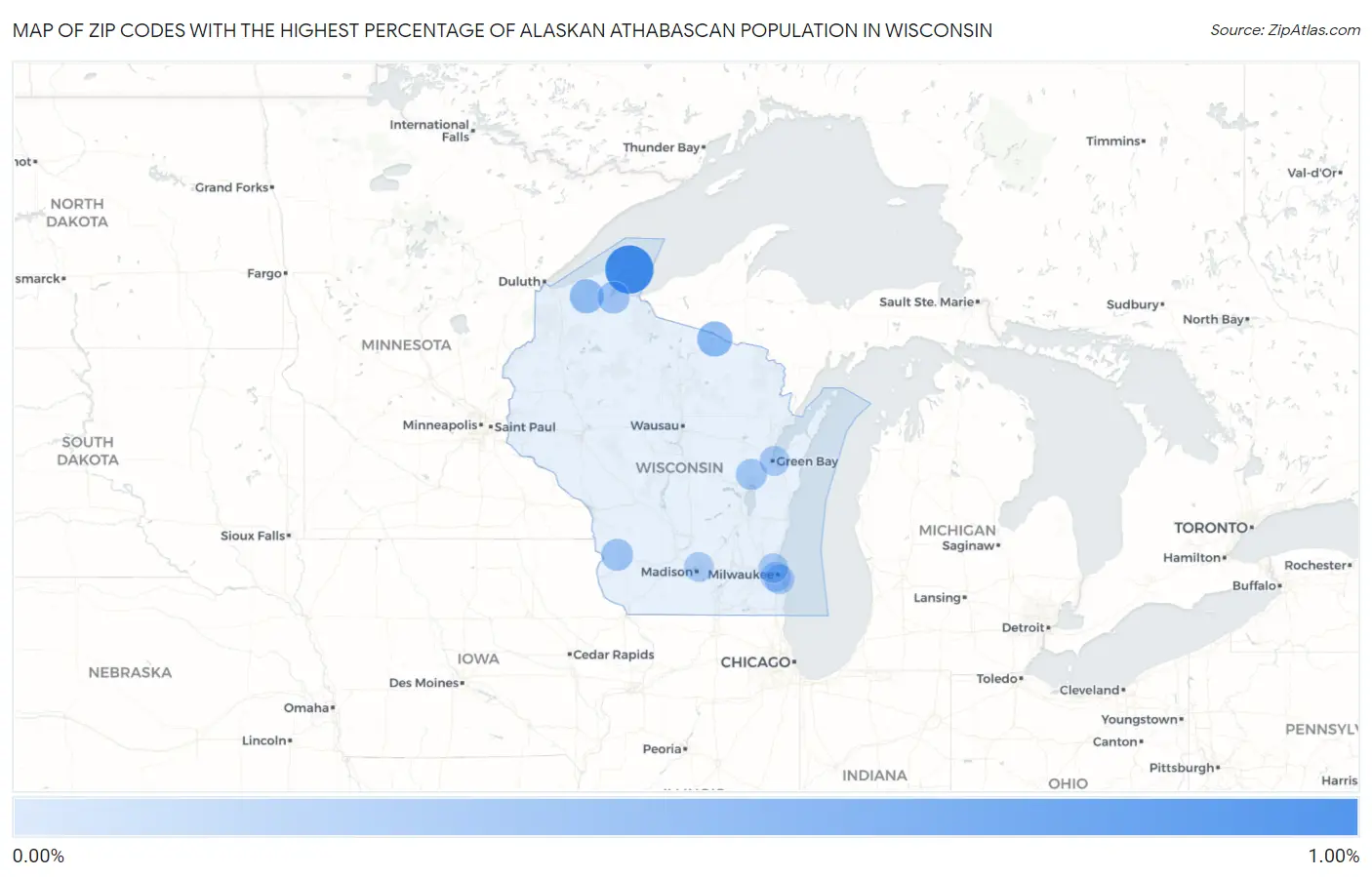 Zip Codes with the Highest Percentage of Alaskan Athabascan Population in Wisconsin Map
