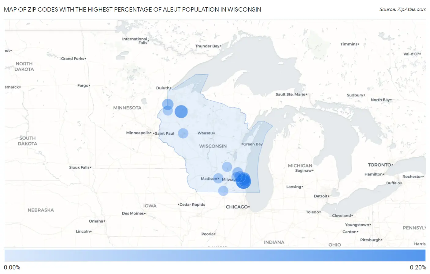 Zip Codes with the Highest Percentage of Aleut Population in Wisconsin Map