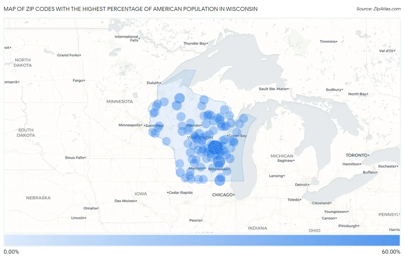 Zip Codes with the Highest Percentage of American Population in Wisconsin Map