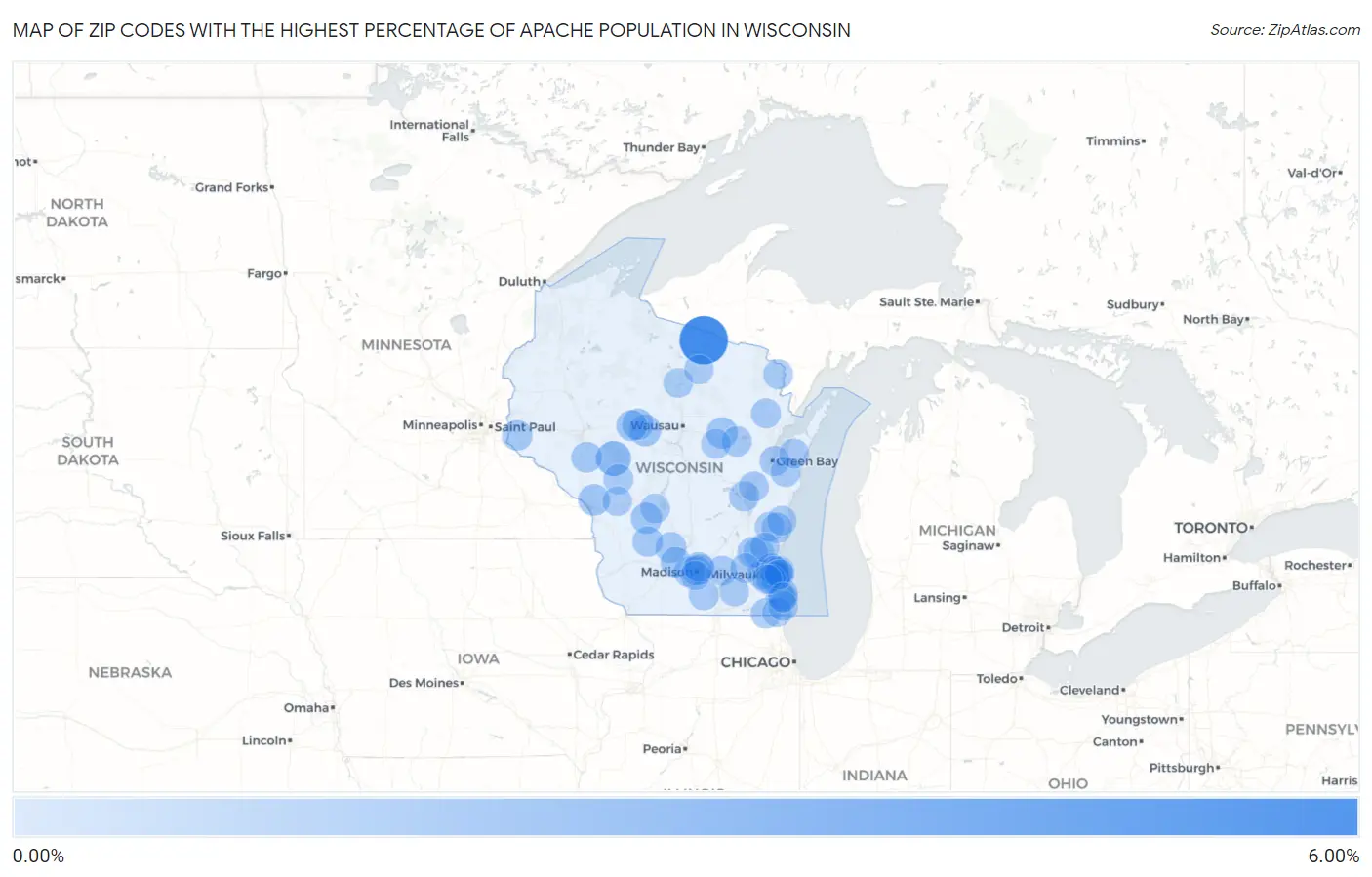 Zip Codes with the Highest Percentage of Apache Population in Wisconsin Map