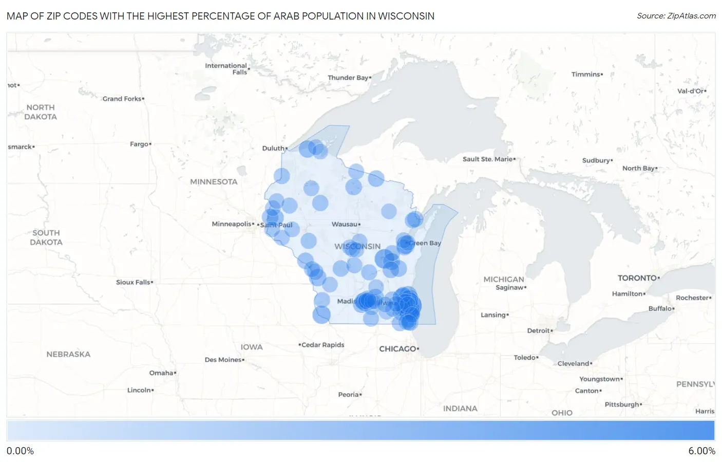 Zip Codes with the Highest Percentage of Arab Population in Wisconsin Map