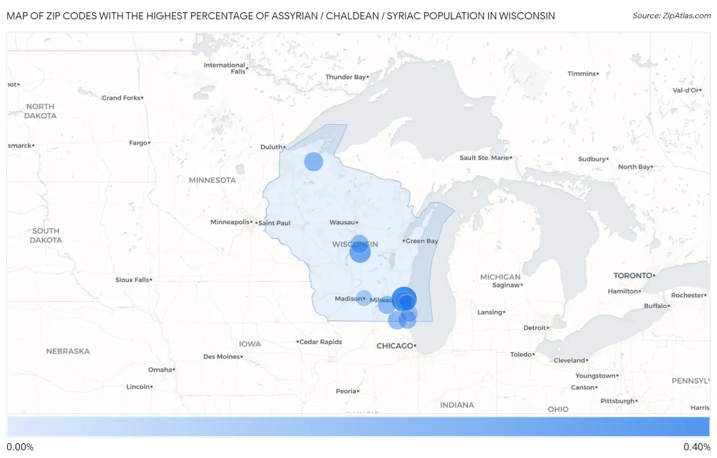 Zip Codes with the Highest Percentage of Assyrian / Chaldean / Syriac Population in Wisconsin Map