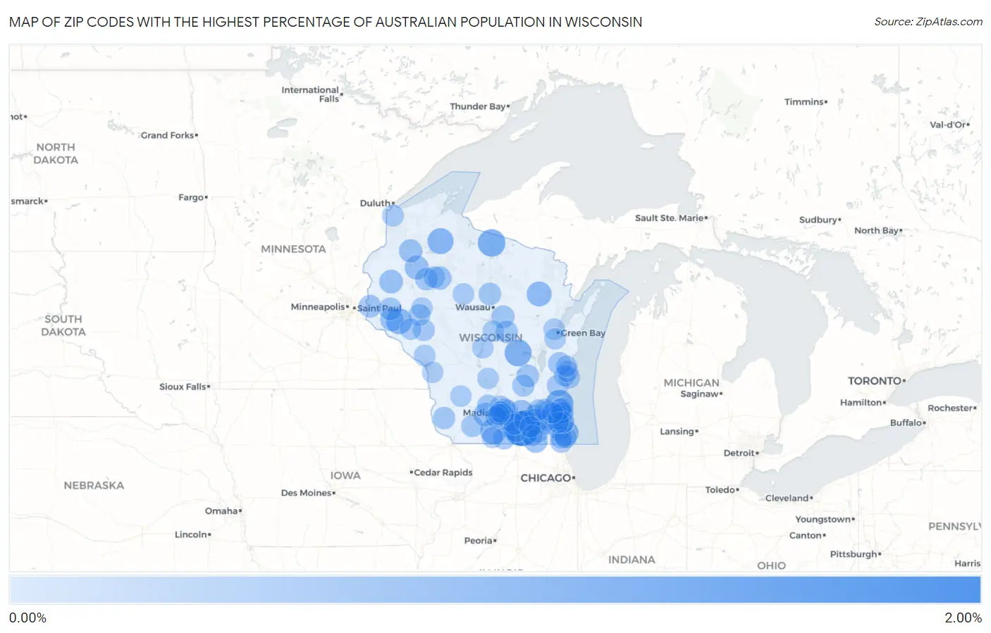 Zip Codes with the Highest Percentage of Australian Population in Wisconsin Map