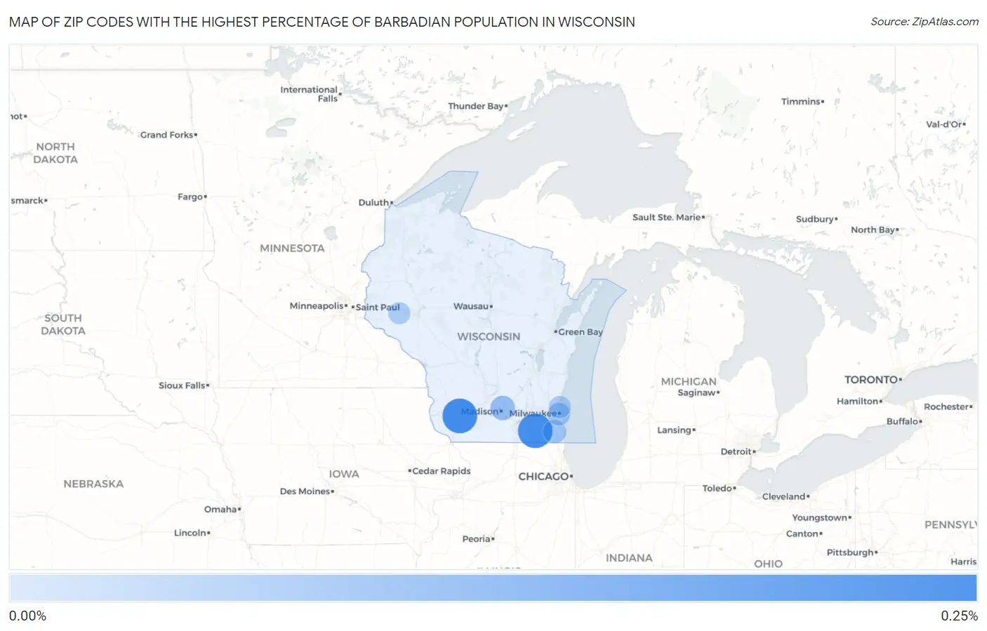 Zip Codes with the Highest Percentage of Barbadian Population in Wisconsin Map