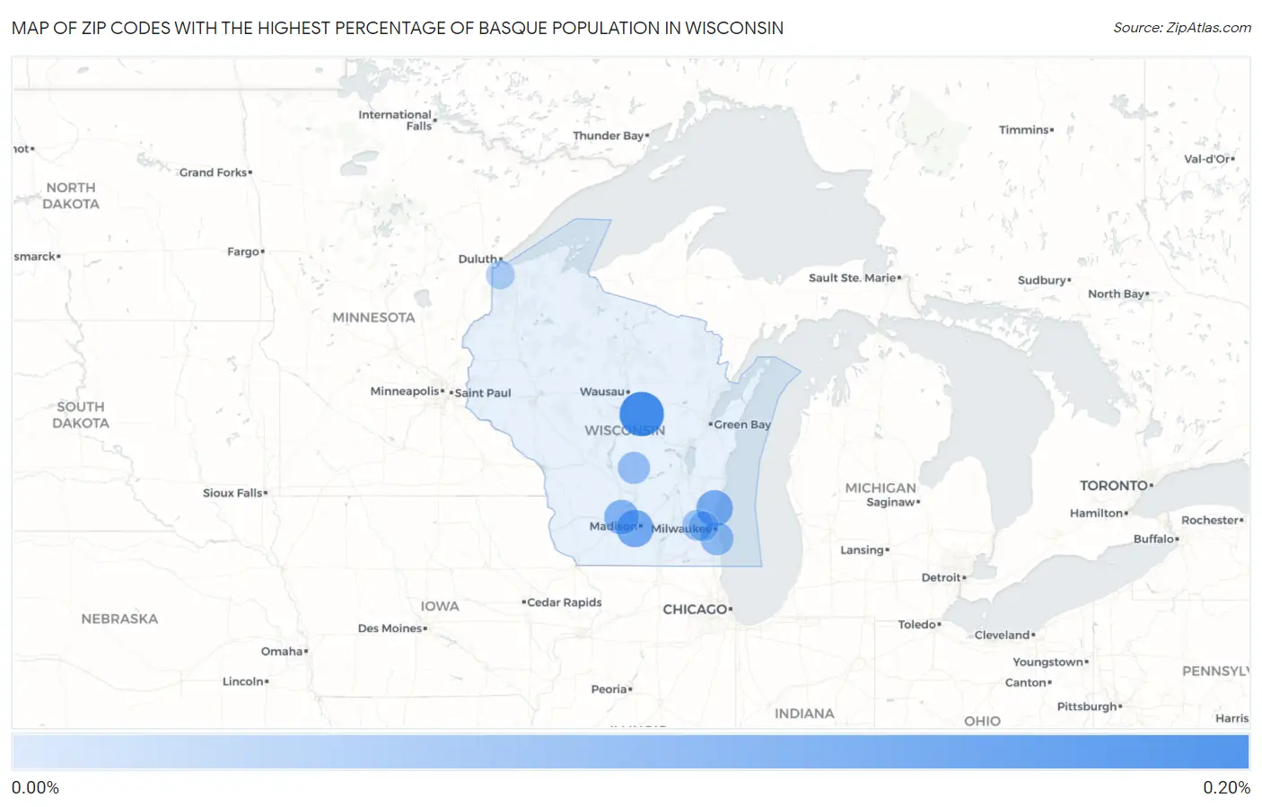 Zip Codes with the Highest Percentage of Basque Population in Wisconsin Map