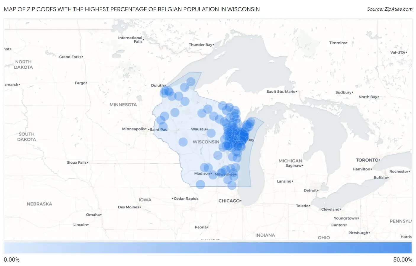 Zip Codes with the Highest Percentage of Belgian Population in Wisconsin Map