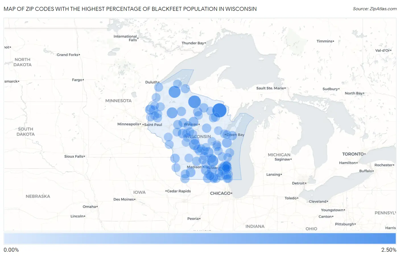 Zip Codes with the Highest Percentage of Blackfeet Population in Wisconsin Map