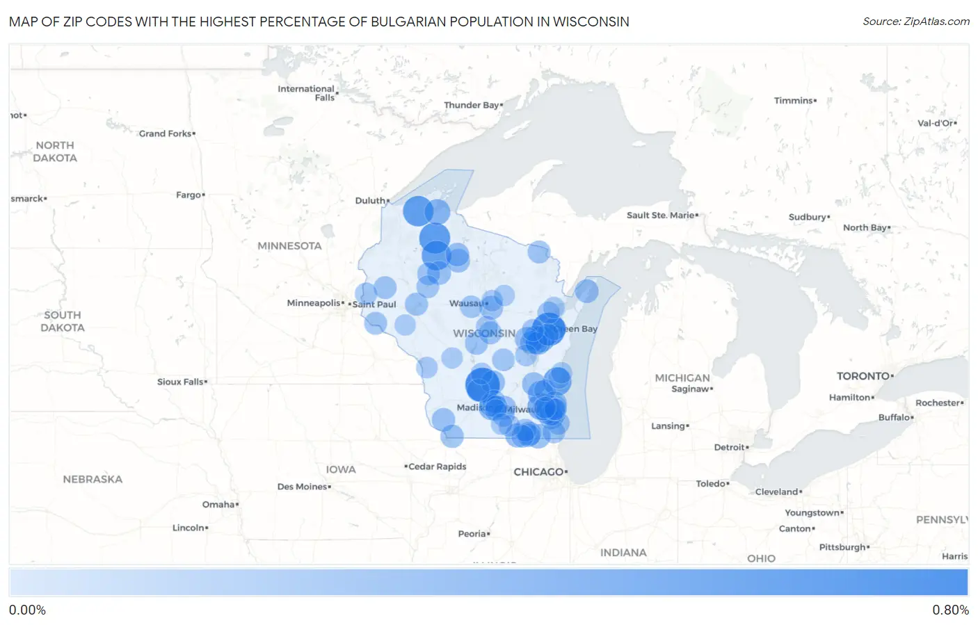 Zip Codes with the Highest Percentage of Bulgarian Population in Wisconsin Map
