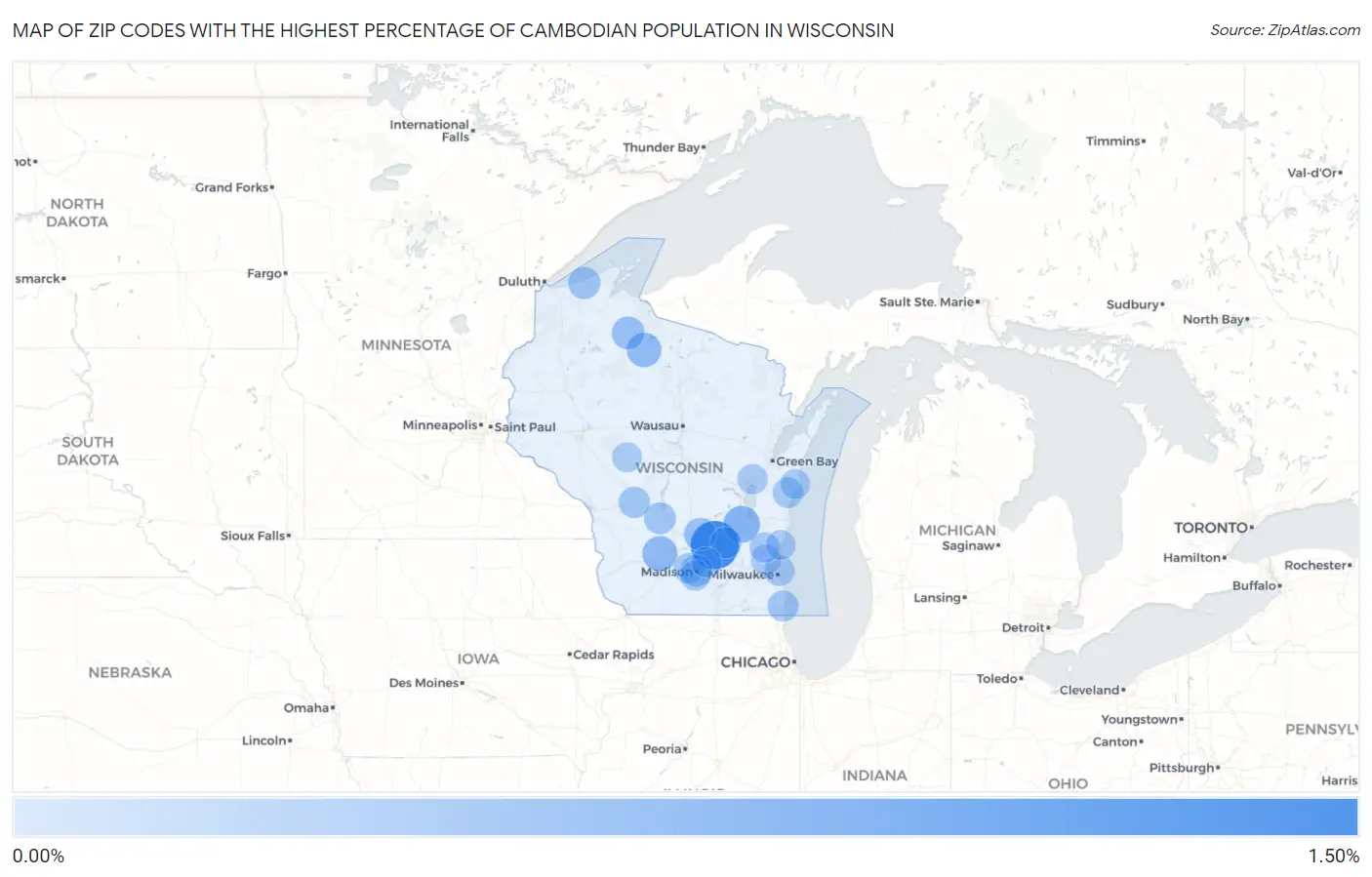 Zip Codes with the Highest Percentage of Cambodian Population in Wisconsin Map