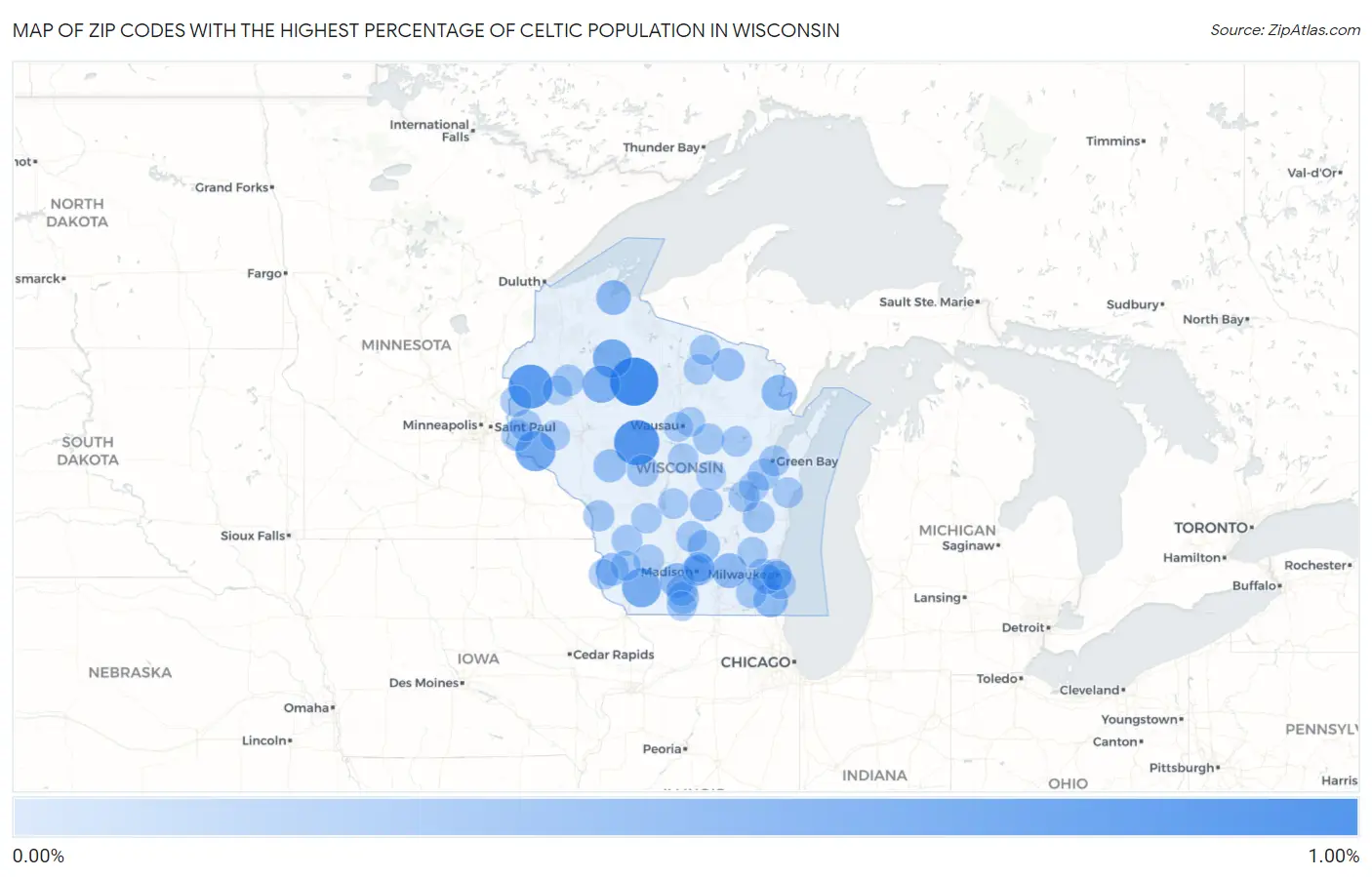 Zip Codes with the Highest Percentage of Celtic Population in Wisconsin Map