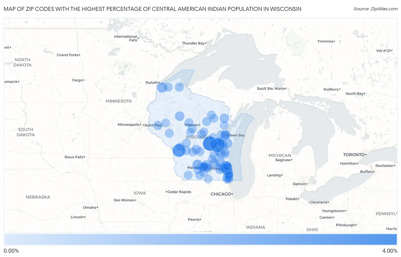 Zip Codes with the Highest Percentage of Central American Indian Population in Wisconsin Map